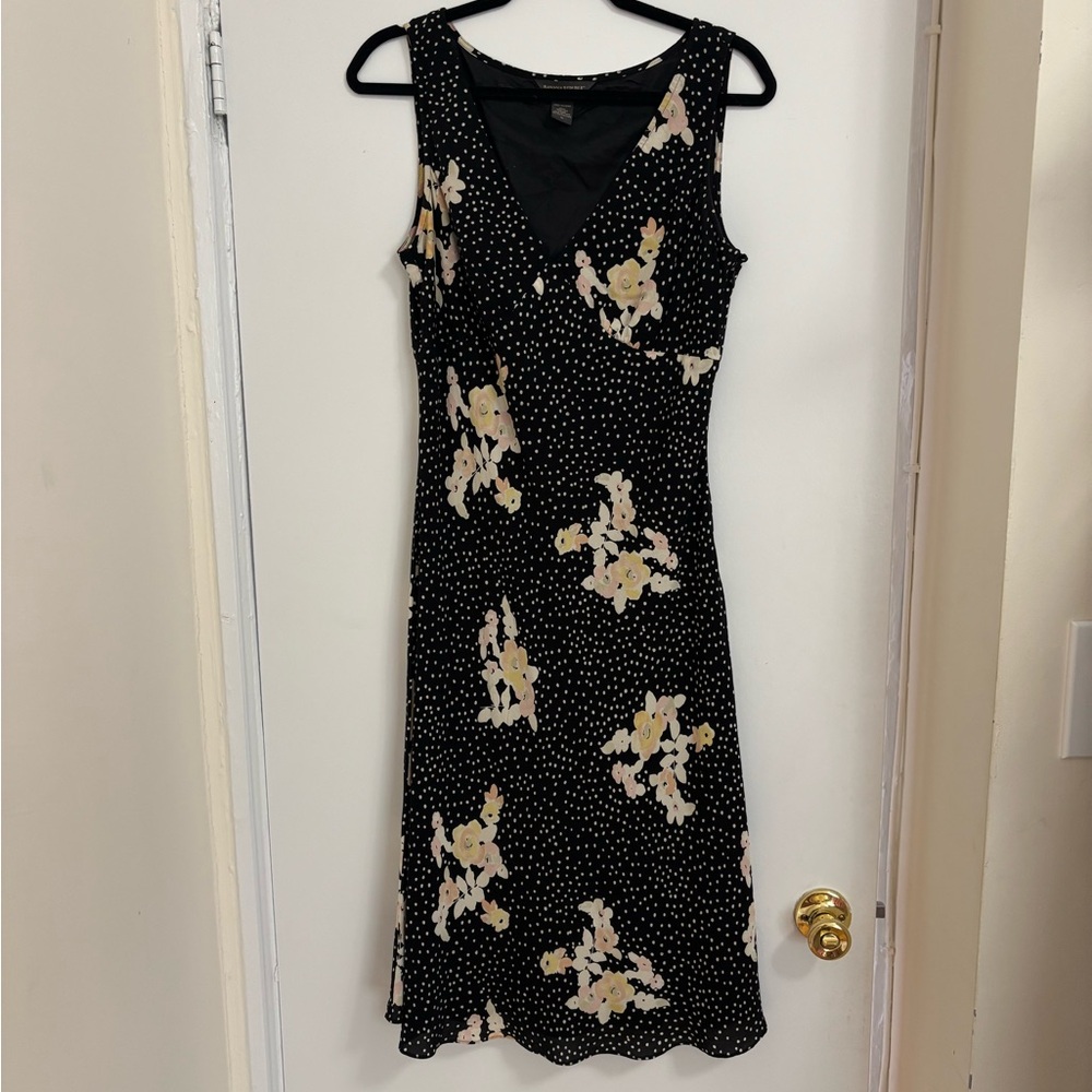 Vintage Banana Republic Black Floral Polka Dot Midi Dress